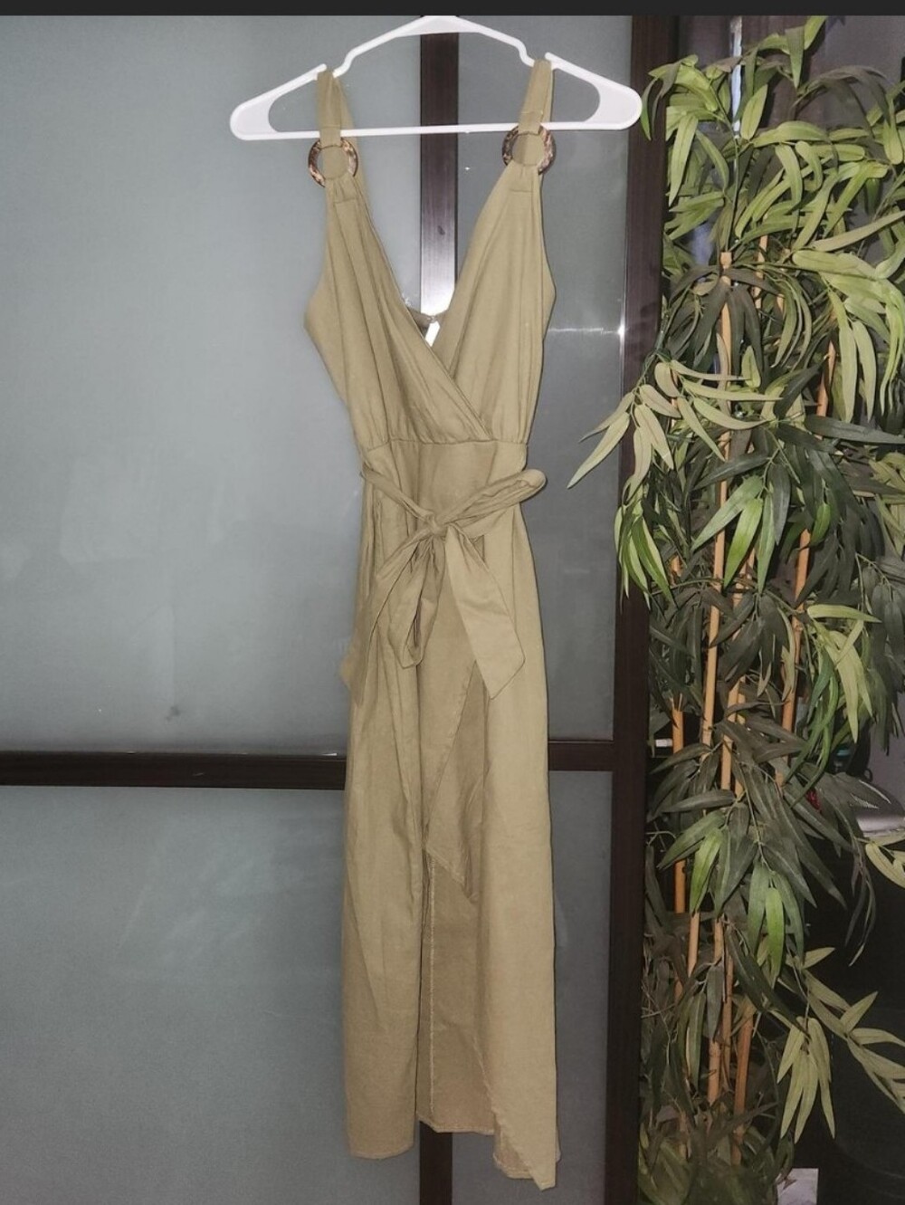 Olive Green Wrap Midi Dress with Tie Waist